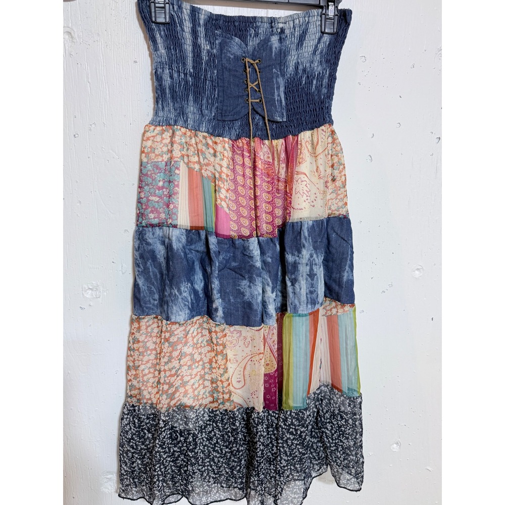 Shoreline Patchwork Boho Smocked Strapless Dress Skirt L/XL Floral Acid Wash